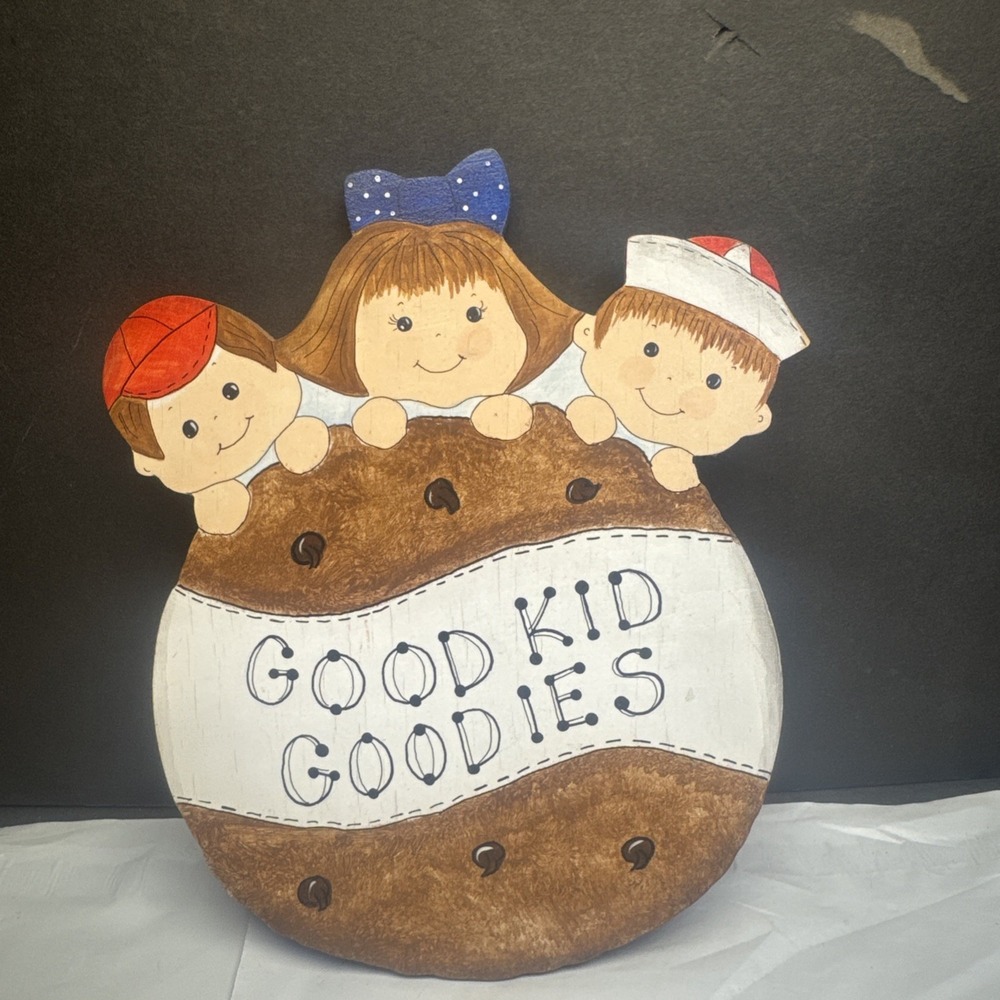 Cute Wooden Handpainted Kids Holding Cookie Wall Decor. good Kid Goodies.